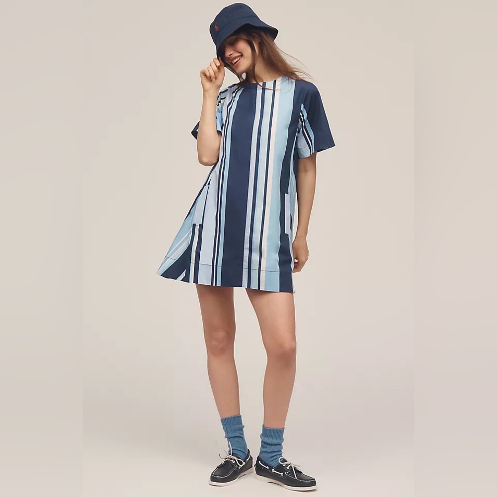 The Emmy Short-Sleeve Striped Swing Mini Dress by Maeve